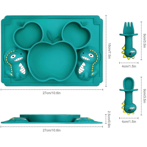 Baby Apple Dinosaur Silikon Tallrik med Integrerad Delad Tallrik - Söt Tecknad Silikon Servis för Barn - Rosa