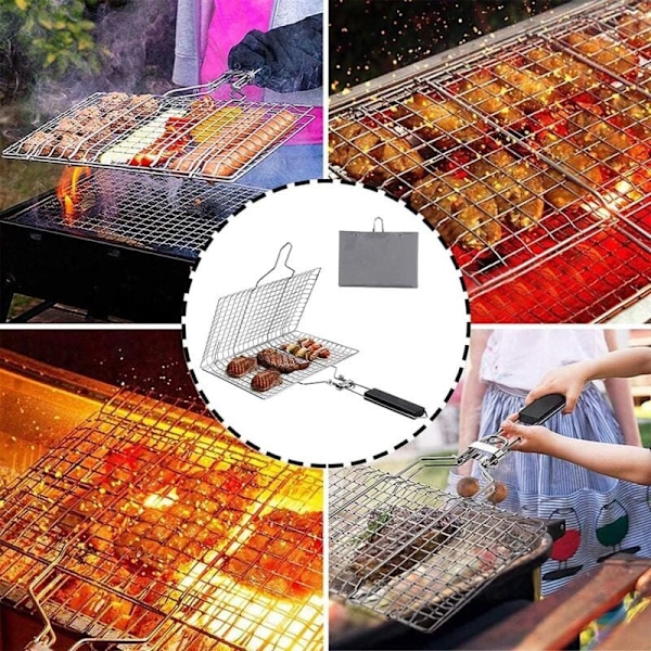 Grillkurv, BBQ-kurv i rustfritt stål, Grillkurv for grilling, Sammenleggbar fiskekurv i rustfritt stål med avtakbart håndtak for fisk, biff, reker