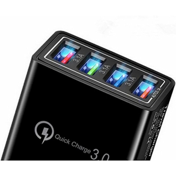 USB Væglader med 4 porte, 15W Multi-Port Rejseadapter - Sort