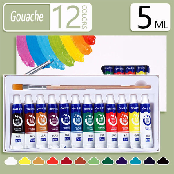 Rigtige Pigmenter Vandfarve Sæt i Tube, Ikke-Blegning, til Børn og Voksne, 0,17oz, 12 Farver - Gouache
