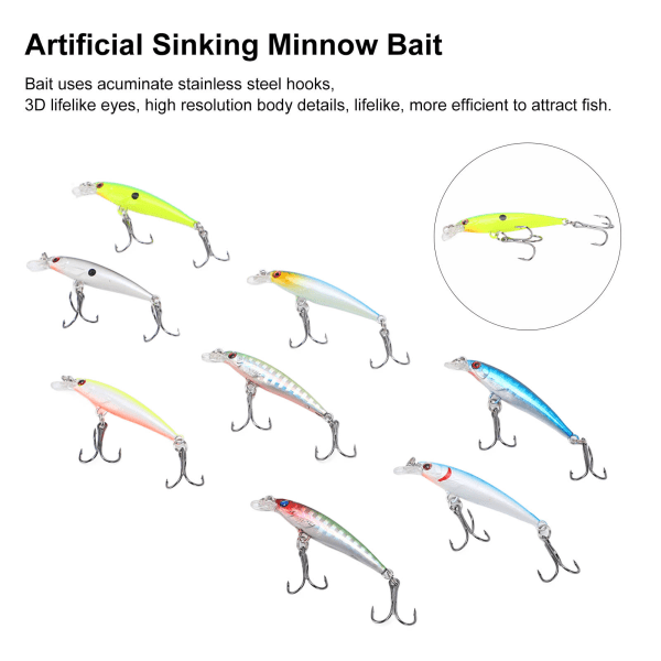 8 stk Minnow fiskedrag 5cm/3g kunstig synkende lang kast hård agn Wobbler Jig Bet