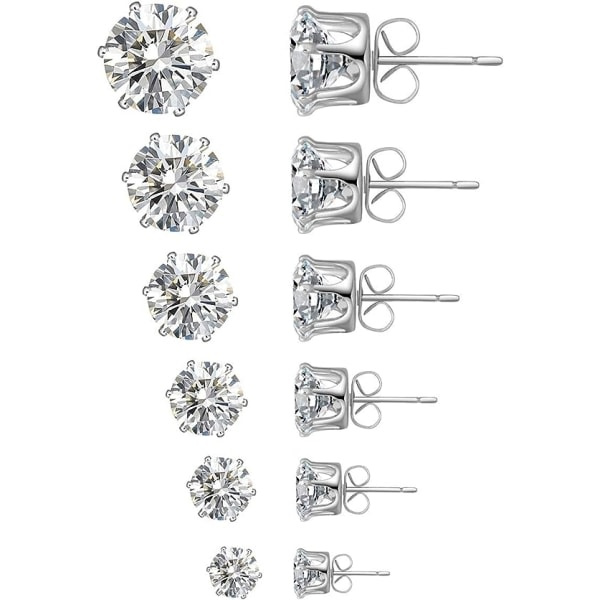 CDQ 6 Par Øreringe Sæt, 316L Rustfrit Stål Klar Cubic Zirconia Øreringe Til Kvinder Mænd 3-8mm