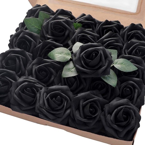 Kunstige blomster 25 stk falske roser med stilker og 2 blader for bryllupsbuketter til DIY-festdekor black black