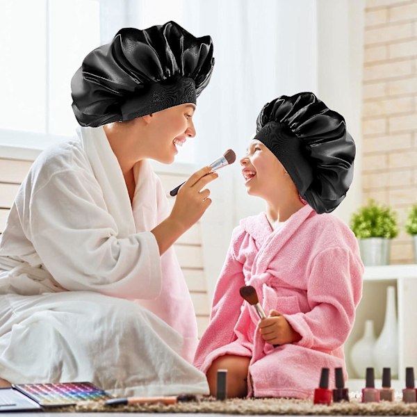 Återanvändbar Elastisk Satin Sovmössa för Vuxna & Barn, Svart Natthatt black