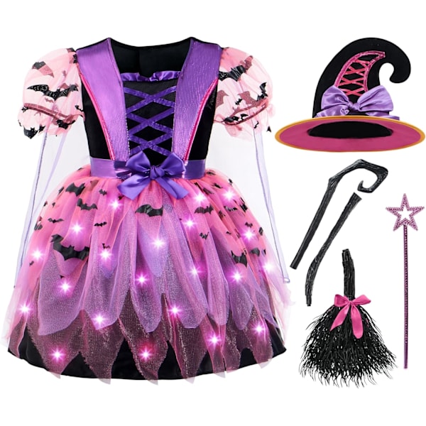 Häxkostym lyser upp flickors halloweenkostym set Medium (8-10 yrs)