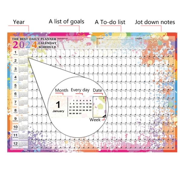 2024 Väggkalender Planer Sheet Årlig Månatlig Veckovis Dagsplanerare Att göra Lista Hängande agenda Schema Organizer null - A