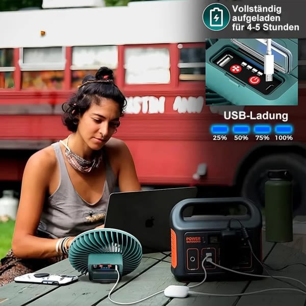 Liten USB fläkt med LED-ljus för campingbil Husbil utomhus, trådlöst uppladdningsbart batteri Campingfläkt Campinglampa med hängkrok