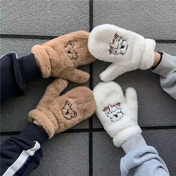 1 par bjørnebroderte plysjvanter Myke varme tykke hansker Lysebrun One Size Light brown One Size