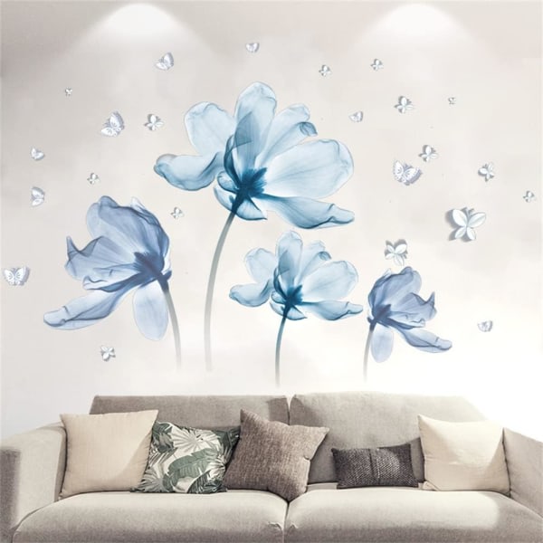 Blå blomma väggdekaler klistermärken, skala och sticka blomma väggdekal DIY blommig väggkonst för sovrum Vardagsrum Klassrum kontor (4 blå blommor)