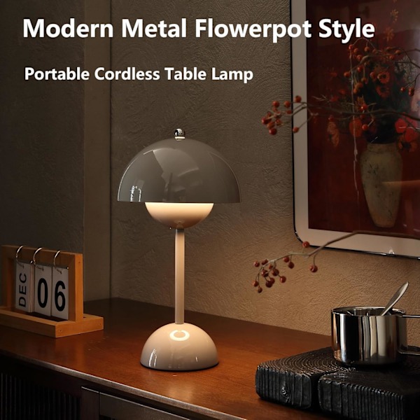 Ledningsfri Bordlampe i Blomsterpotte, 1800 mAh Batteri Bordlampe, Bærbar Bordlampe for Patio, Liten Oppladbar Lampe (Hvit)