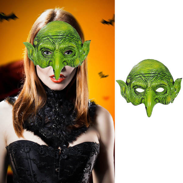 Grön häxmask Skräck läskig halvansikts häxmask Pu-skummande mask med lång näsa Halloween Skrämmande Cosplay-kostymer