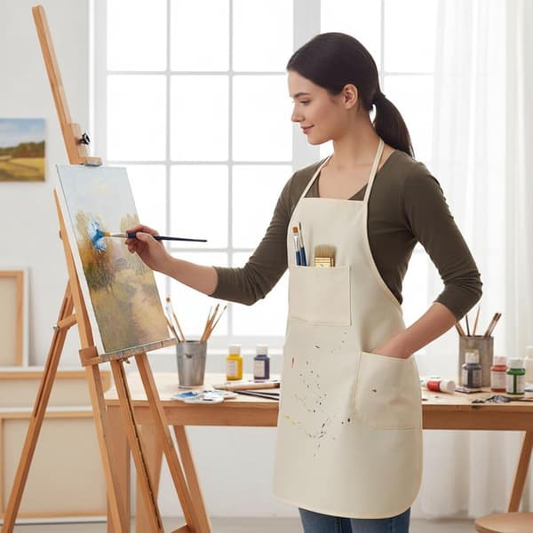 3-pak kunstforklæder til voksne med 3 lommer, justerbart forklæde i polyesterlærred til maling, keramik, bagning, naturfarve, 77 x 66 cm