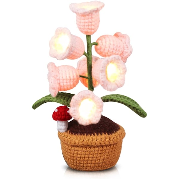 Virkade blommor med LED-lampor, stickad klockblomma, liljekonvalj, konstgjord handgjord krukväxt, Alla hjärtans dag, mors dag, årsdag A1