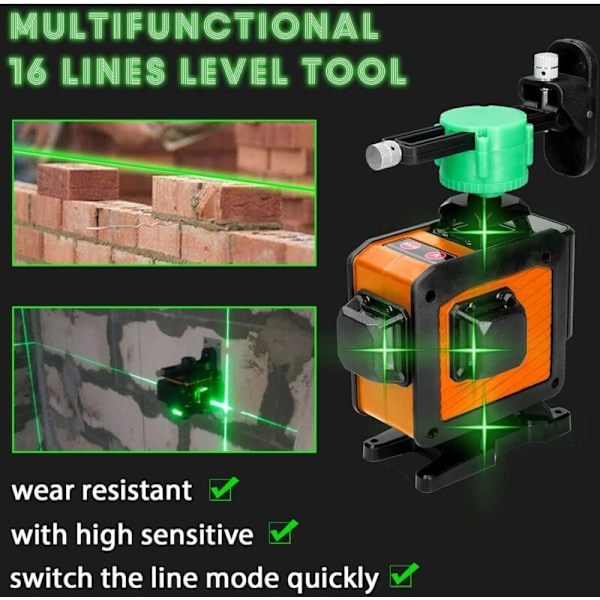 Laser Niveau, 4D 16 Linjer Laser Niveau 3° Nivelleringsværktøj med Selvnivellerende Funktion, Løfteplatform, Fjernbetjening og 2 Batterier, Orange