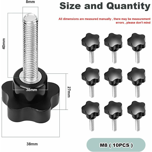 Svart plast m8x40 stjerneformet klemme håndtak knott 10 stk for mekanisk utstyr