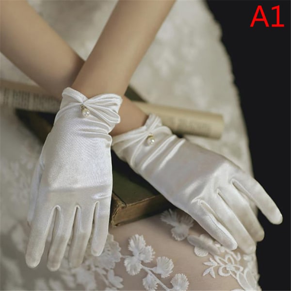 Kvinnor Bröllop Brude Korta Handskar Satin Full Finger Handled Längd White A1 White A1