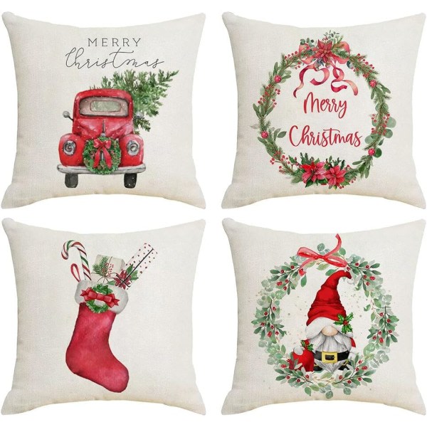 Jul kuddfodral 18 x 18 tum set av 4 case Julgran Snö Scene Lastbil Jultomte Print julkudde