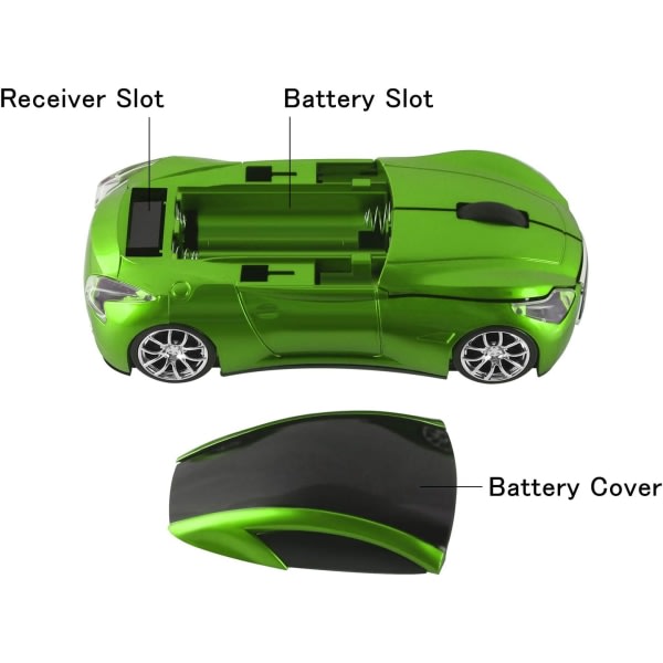 Cool Sports Car Style 2,4 GHz trådløs mus Optisk sladdløs mus med USB-mottaker for PC Laptop Grön