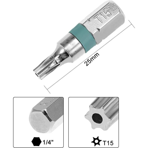 8 stk 25 mm lang 1/4\" sekskantskaft T15 Sikkerhet Torx Høy kvantitet skrutrekkerbits S2 Høylegert stål