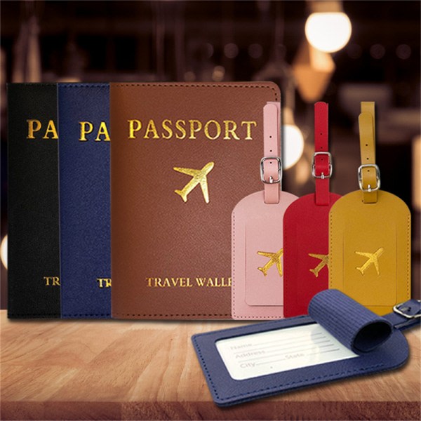 Enkel Passhållare och Bagage Tag Läder Reseuppsättningar Kupp Blue Passport & tag