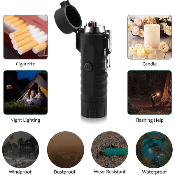 Utomhus camping lommelygte genopladelig dobbelt bue flamless lighter med lommelygte sort