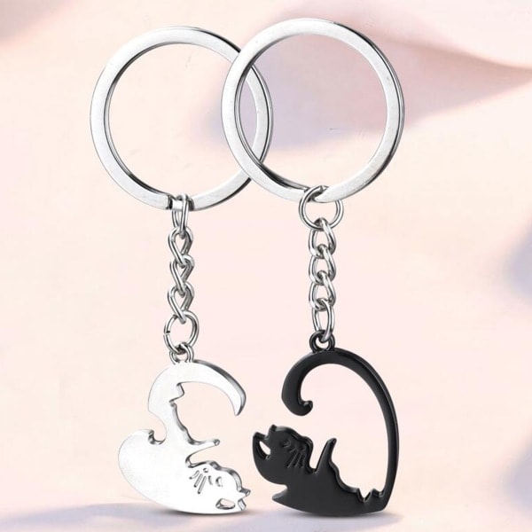 Par Keychain Söt Svart Vit Matchande Pussel Katt Djur Hänge Nyckelring
