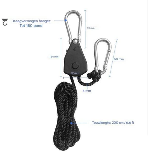 Repspärrhängare, justerbart polypropenrep, galvaniserade karbinhakar, 68 kg per par för växtbelysning, 4 st, 2M, svart