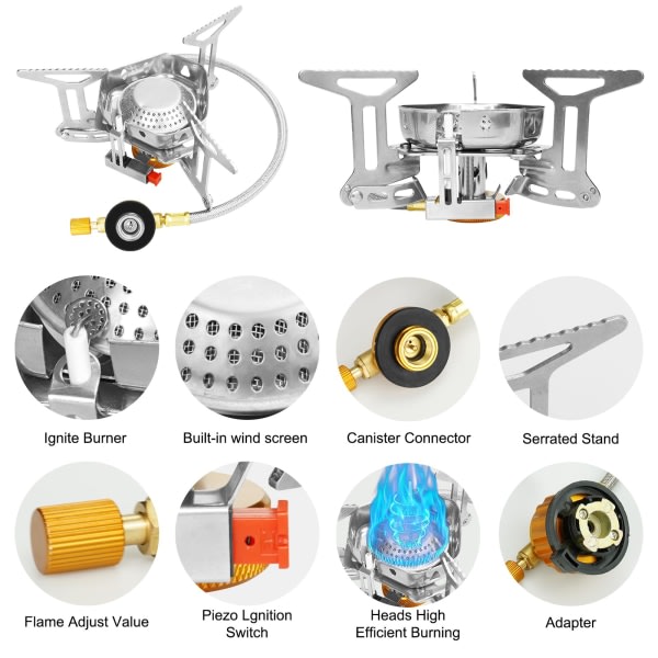 3500W vindtät campingspis med piezo-tändning - Bärbar gasspis för matlagning utomhus, picknick, vandring och grillning