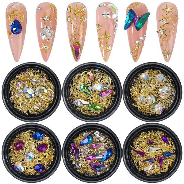 6 lådor Metall Nail Art Nitar 3d Nail Art Ab Rhinestone Mixed Nails Kristall Nail Art Gems Smycken Star Moon Design Nail Art Dekoration Tillbehör Sup