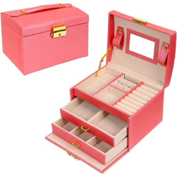 Smykkeæske, arrangør, 3-lags smykkeæske i PU-læder med spejl og lås, til ringe Armbånd Øreringe Halskæde, rosa