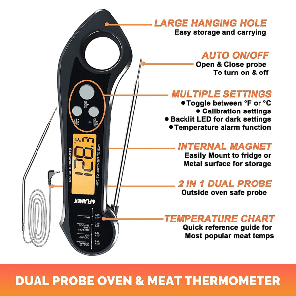Digital Kötttermometer, 2-i-1 Mattermometer med Dubbel Sond och Temperaturalarm, Vattentät, Kötttermometer för Matlagning, Stekning, Kalkon, Grill, etc.