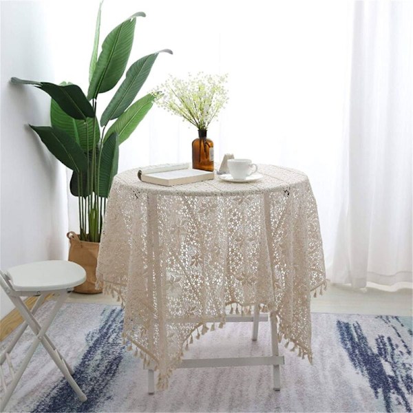 Pastoraalinen pöytäliina virkatusta puuvillalangasta, ontot tupsut, beige - 60x60cm