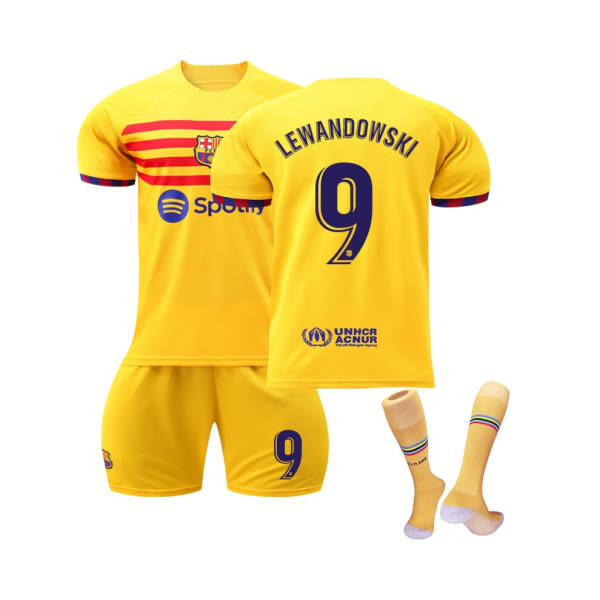 (FC Barcelona 2023 Fourth Lewandowski #9 Fotbollströjasatser för barn, vuxna XS (160-165CM)