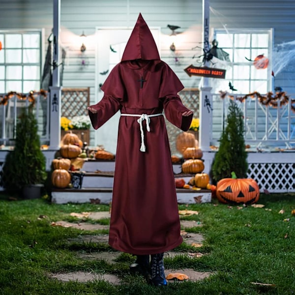 Halloween-koriste, keskiaikainen renessanssi, munkki kaulalla, miehet papit ristillä teemajuhliin halloween-cosplayyn karnevaaliin ja karnevaaliin Burgundy L