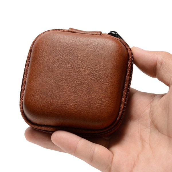 USB-datakabel förvaringsväska Läderhörlurar Cover Mini blixtlåspåse Box för de flesta headset Fallbeständig Brun Brown
