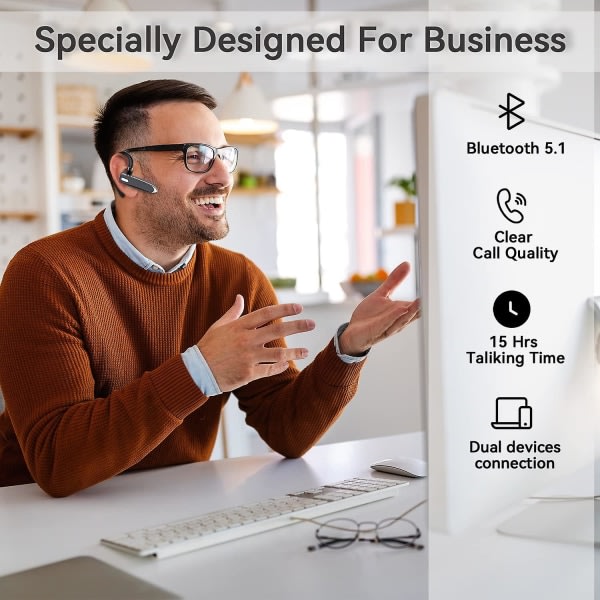 Bluetooth enkel trådlös hörlur Handsfree telefonlur, usb-c laddning, vattentät hörlur för bilkörning/affärer/kontor med Android/ios, bärbar dator