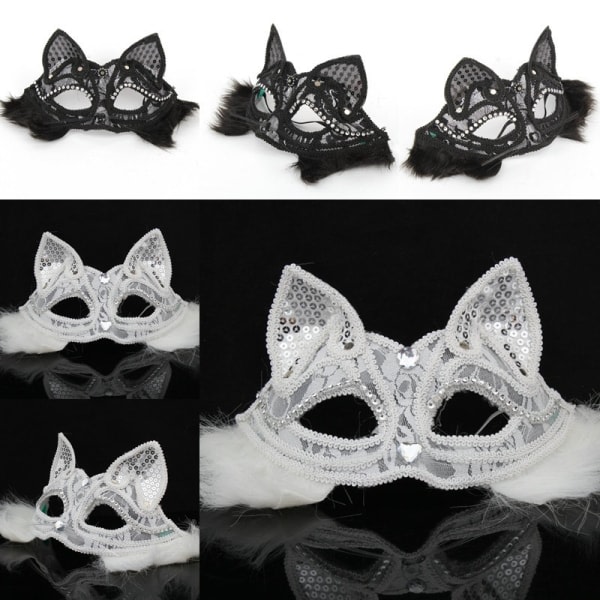 Betterlifefg-Halloween Masquerade Julfest Halvt ansikte Fox Spetsmask Half Face Princess Mask Venetiansk Mask, Hårig Svart Fox Spetsmask, 19*8cm
