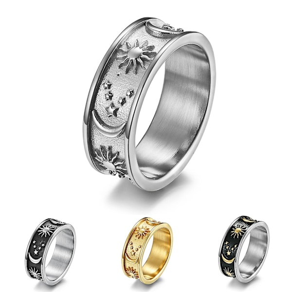 Unisex Ring Stjärna Måne Sol Dekoration Män Kvinnor Utsökt Rund Bohemisk Ring För Bröllop Svart och Silver Black and Silver Black and Silver