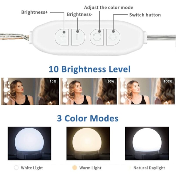 Speillyssett for sminkebord dimbart LED USB-lampe 14 pærer 3 farger 10 lysstyrker selvklebende