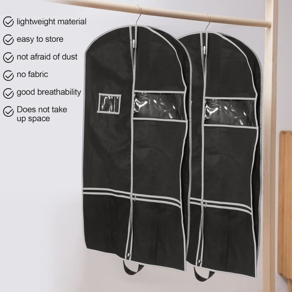 2-pak 43 tommer plaggposer til opbevaring Rejser Nonwoven-stof Kjole Taske Dragtpose Plagpose med 2 store mesh Cover Dragtovertræk
