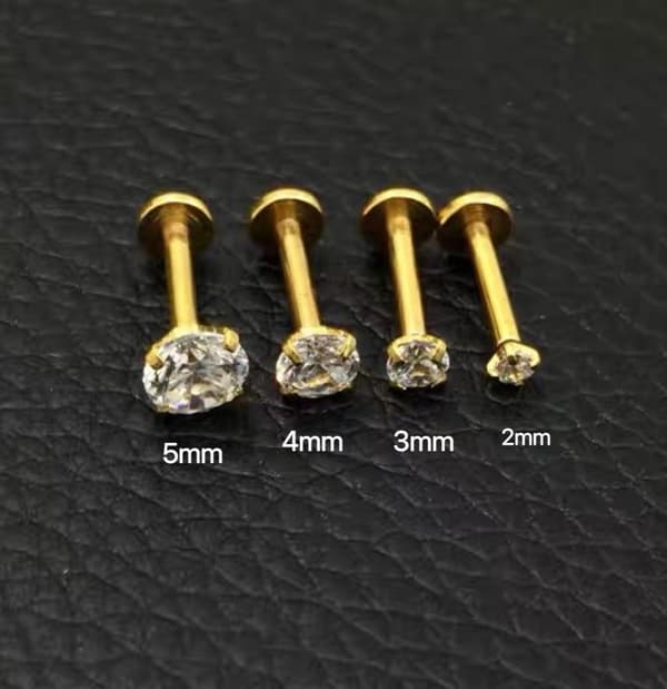 3 stk. guldbelagt Labret med sten (3mm 4mm 5mm) Length:10mm