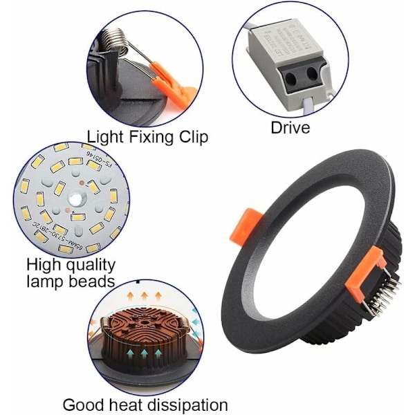 6-pak sort forsænket LED spotlight ekstra flad IP44 kold hvid 6000k badeværelse køkken soveværelse stue