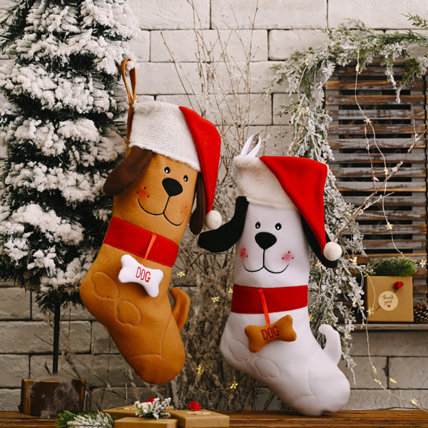 2-pack hundjulstrumpor, broderade hundmönster, julstrumpa, dekorativ filt, personlig hundstrumpa, julstrumpa för husdjur, hängande hundstrumpa
