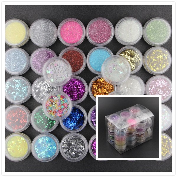 34 färger Hartspigment Glimmerpulver Glitters Paljetter Nail Art Smyckenstillverkning
