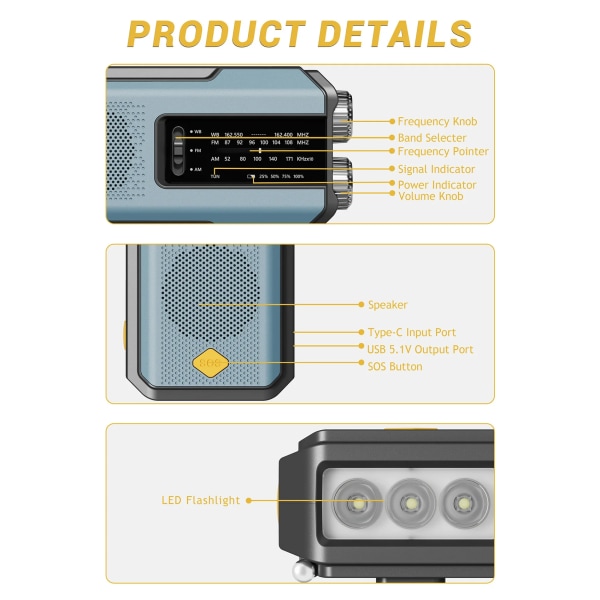 Multifunktionell radio med vev, solcell, USB-laddning, FM, AM, WB, 2000 mAh, väderradio, nöd-LED-ficklampa, ficklampa, powerbank Blue