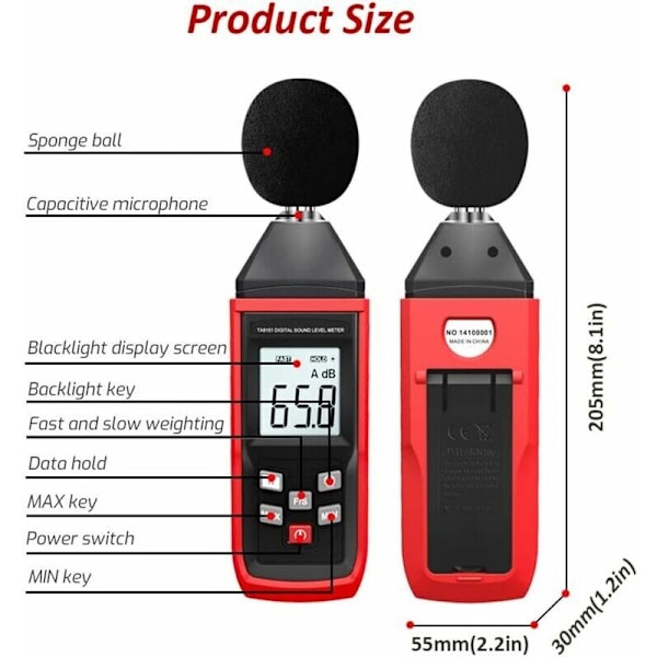 Desibelmåler, 30-130 dba Digital Lydnivåmåler Audio Støy DB Måler med LCD Bakgrunnsbelysning Data Hold Maks/Min (Batterier Inkludert)-TA8151