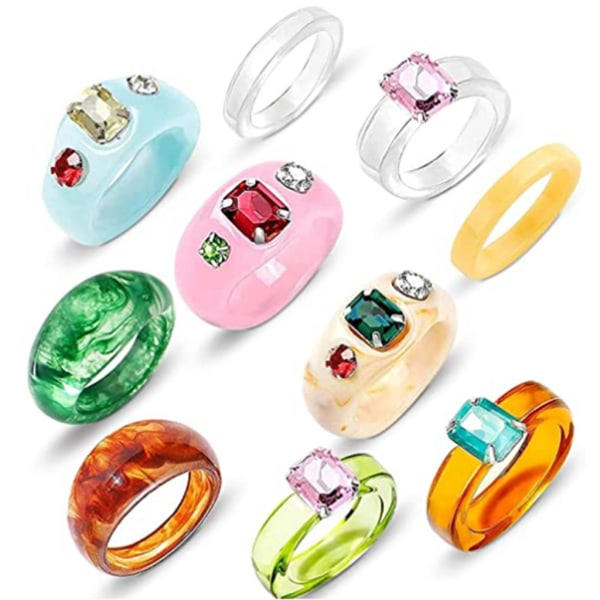 Hjärtformade Akrylringar Söta Trendiga Ringar Färgglada med Strass Smycken Harts Gem Stapelbara Chunky Ringar för Kvinnor Gi null - 10-10