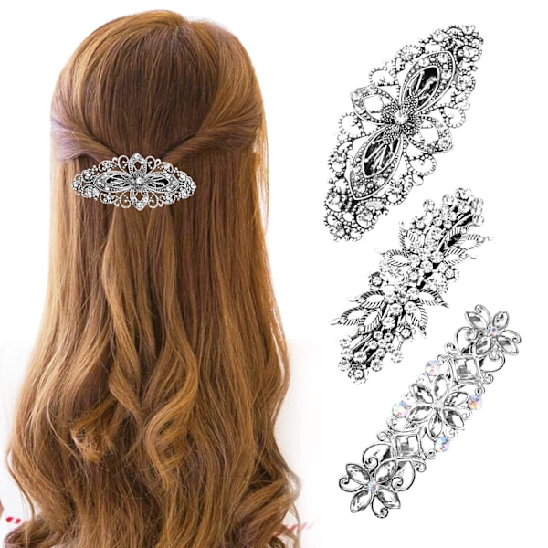 3 stk metalspænder - antikke krystalspænder strass-perlehårklemmer vintage-blomhårspænder bryllupshårnåle