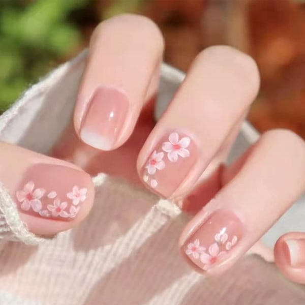 Flower Press on Nails Kort Rosa Cherry Blossoms Fake Nails Fren