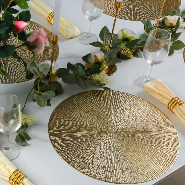 IC Runda Bordstabletter Guld Metallic 4-pack 38,1 cm, Tvättbar Lätt att Rengöra Torkbar Halkfri Fläckbeständig Värmebeständig Bordsunderlägg
